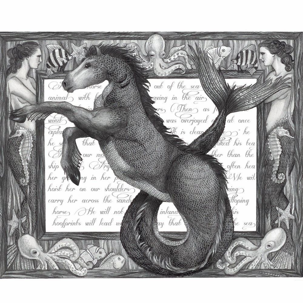 8x10 Giclee Illustrated Print of Hippocamp Mythological Beast