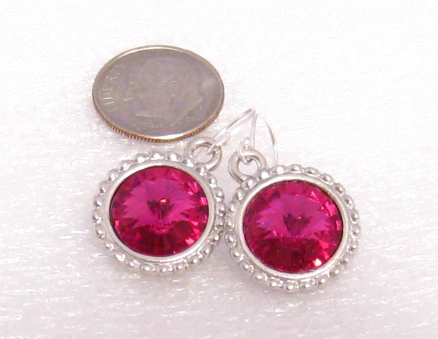 Hot Pink Crystal Bridesmaids Earrings: Sterling Silver Swarovski Crystal Hot Pink Bridemaids Earrings, Fuchsia Wedding Jewelry, Pink