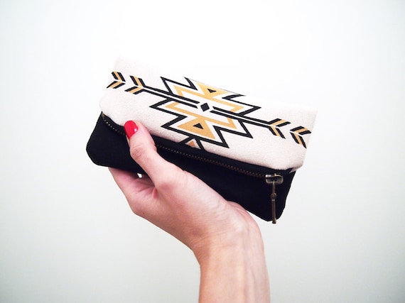 Tribal navajo Zipper pouch black and yellow print fold over zip clutch suede fabric ethnic handpainted pattern