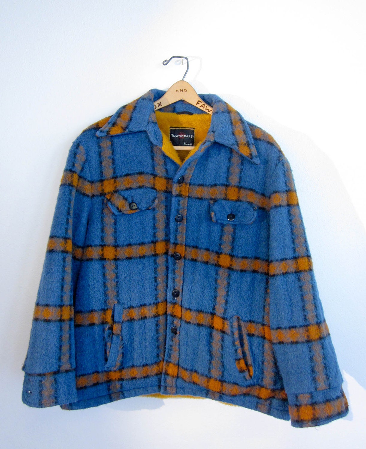 vintage blue and ochre plaid mohair wool coat with mustard lining men's retro rustic winter fall coat
