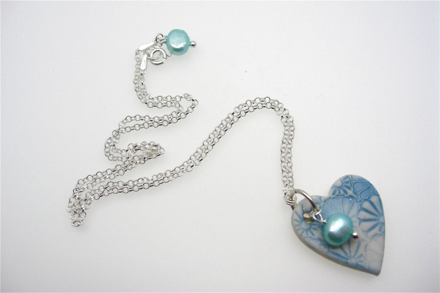 Petals to my heart - Aqua Freshwater Pearl & Blue Ceramic Heart Pendant, Valentines Day