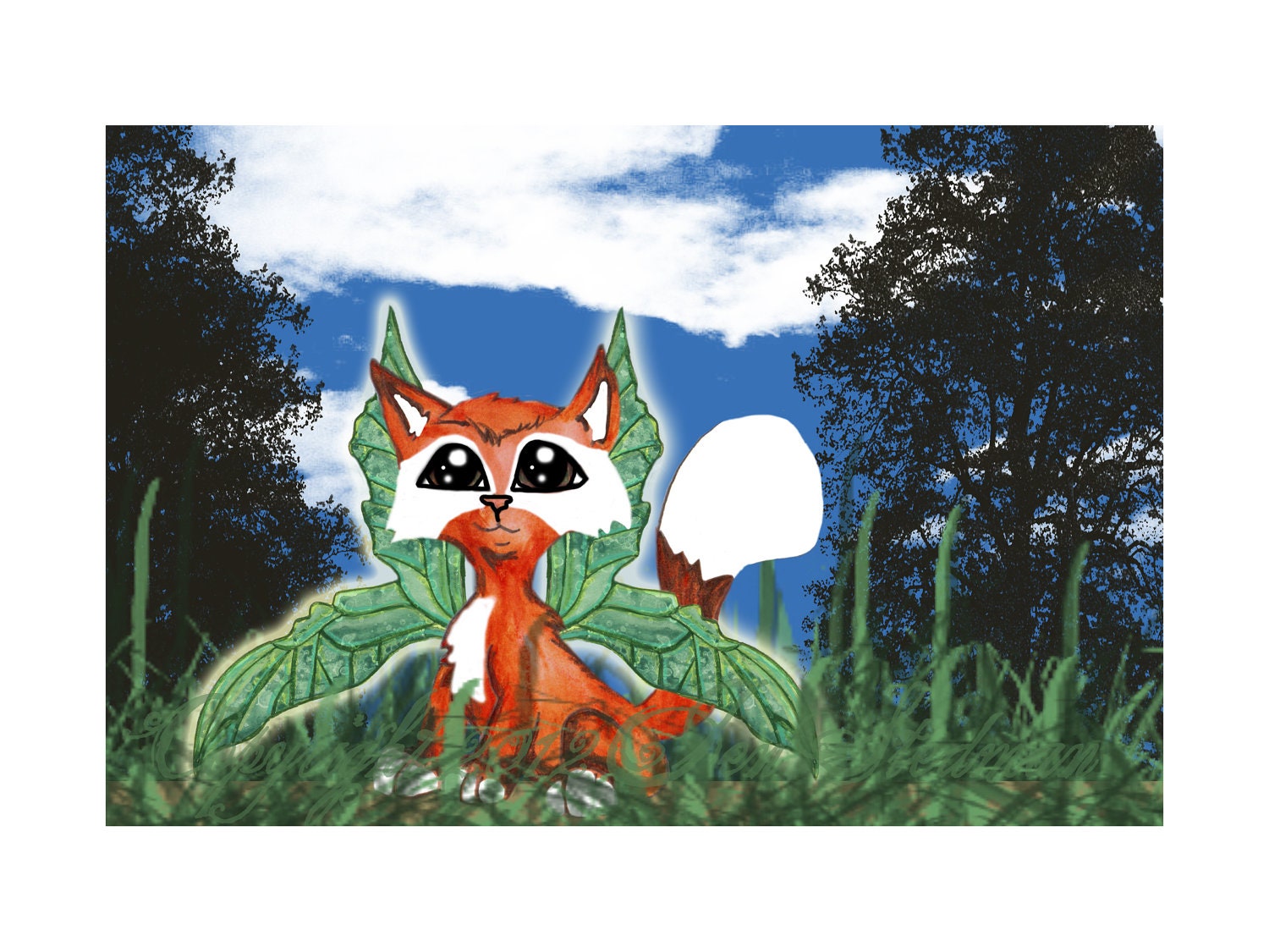 Winged woodland fairy Fox, hand painted watercolor, digital mixed media art print, grassy meadow, summertime, blue sky