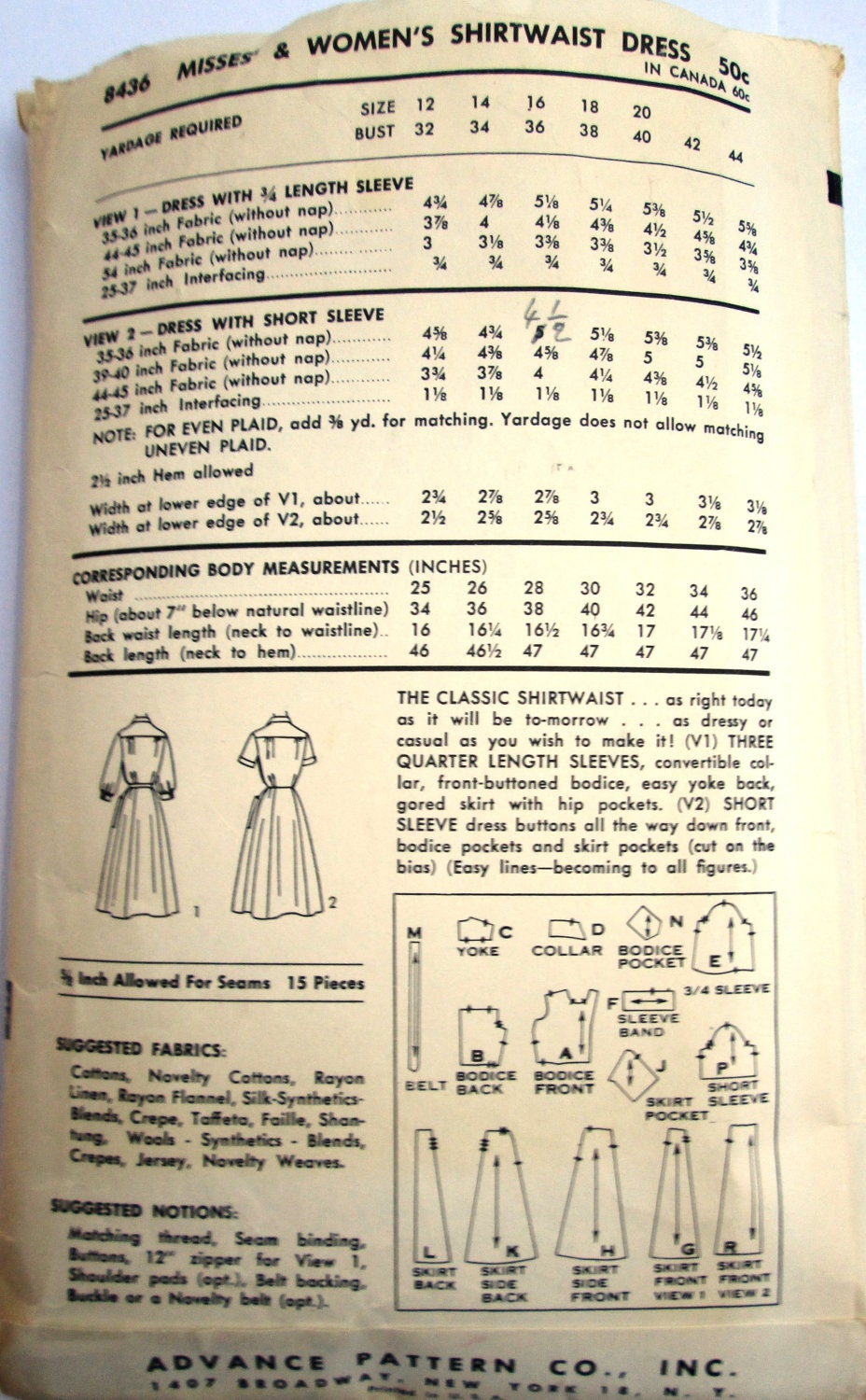 Advance 8436 Vintage Shirtwaist Dress Sewing Pattern 1950s
