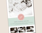 Monogrammed Chic Baby Girl Birth Announcement, in coral and mint, 4x6, 5x7 or 6x7.5 DIGITAL file, customizable colors