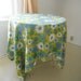 sale - vintage floral table cloth flower power linen table floral print cloth blues bright green white cottage country shabby hippie decor
