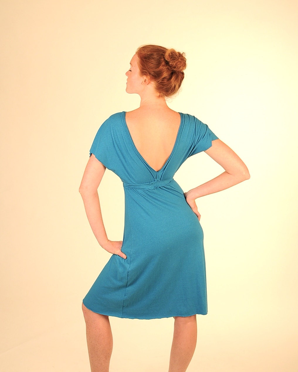 Dress - Mid Length Cap Sleeve Dress - Plunging Neckline and Back - Organic Clothing - Eco Friendly Ocean Blue