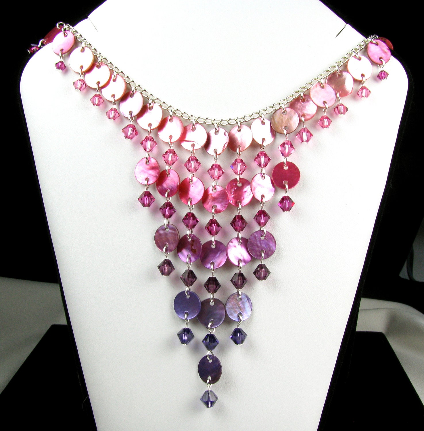 Mussel Shell and Crystal Cascade Necklace in Pink and Purple