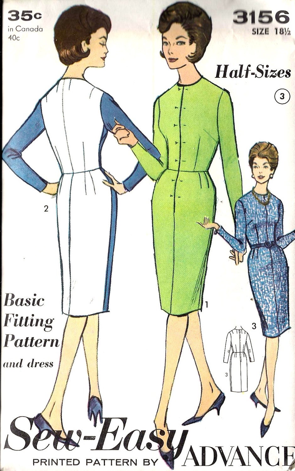 1960's Basic Fitting Pattern and Dress Pattern Half-Size: Sew-Easy Vintage Sewing Pattern, Advance 3156 bust 39" uncut