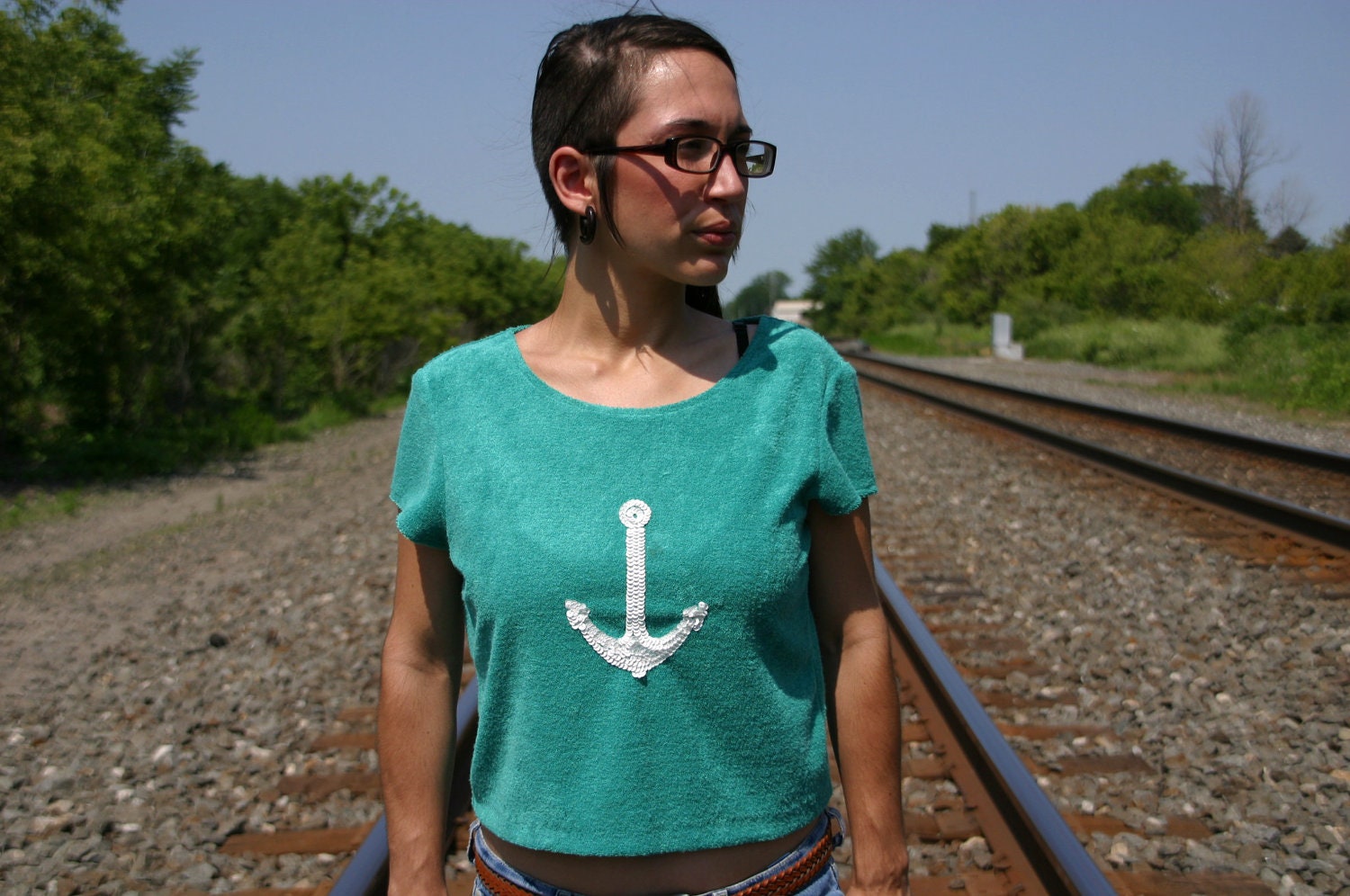 arrrrrgh  -  vtg 80s 90s Sequin ANCHOR Teal Terrycloth Midriff Top Shirt - M / L
