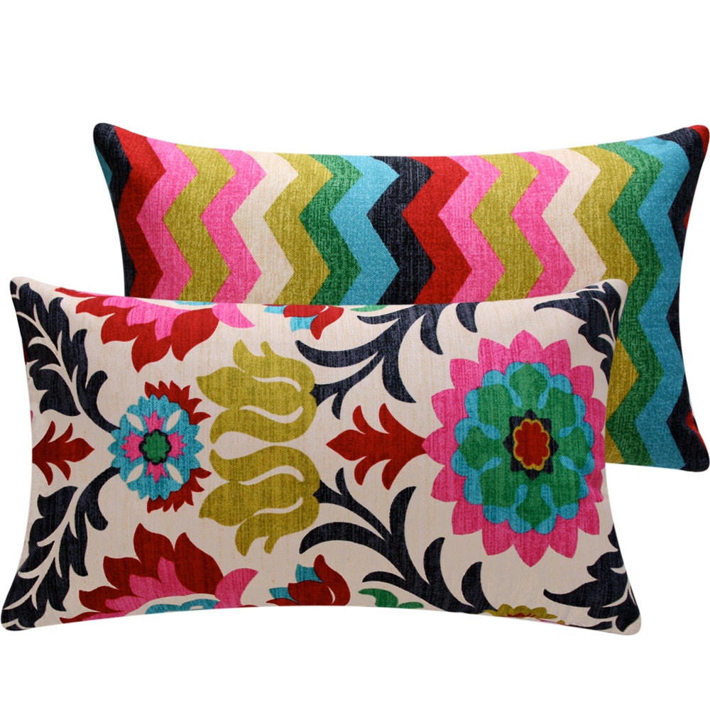 Colorful Floral Chevon Throw Pillow Cover Lumbar 12x20 Decorative Pillow - Featured in Etsy Finds, Cinco de Mayo Collection