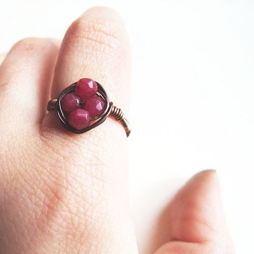autumn rose ring - delicate wire wrapped ruby jade copper rustic ring - KicaBijoux