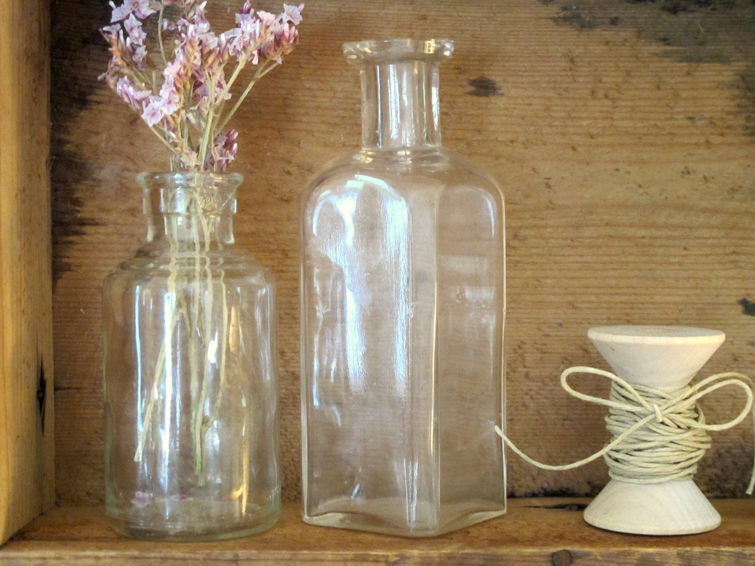 Antique Glass Pharmacy Bottles/Wedding Vases - Set of 2 Vintage, Rustic Wedding Decor