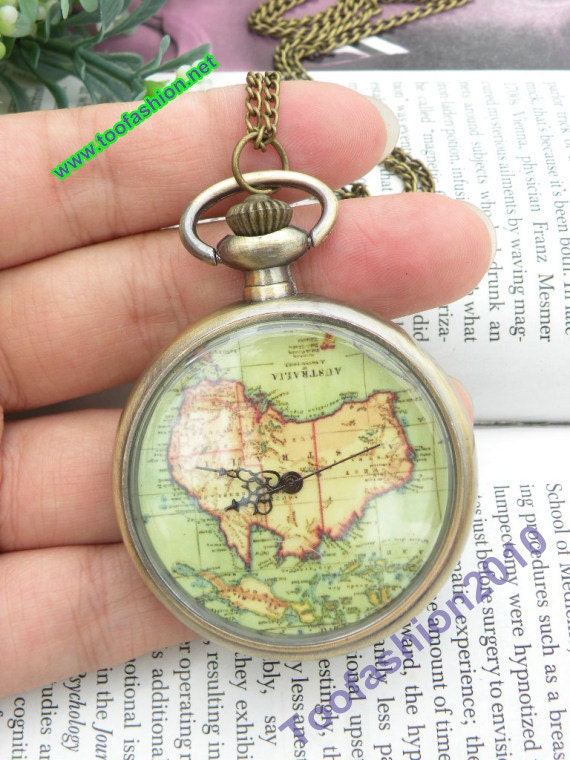 Pretty retro copper round Australia map pendant pocket watch necklace vintage style