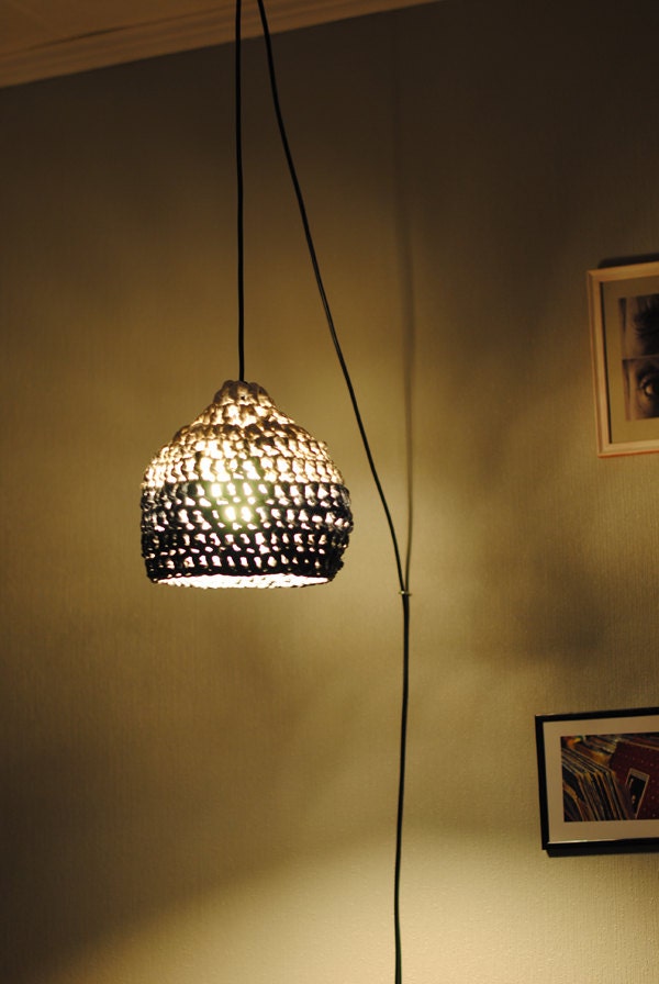 Pendant lamp in gray gradient. Eco design. Hand crocheted