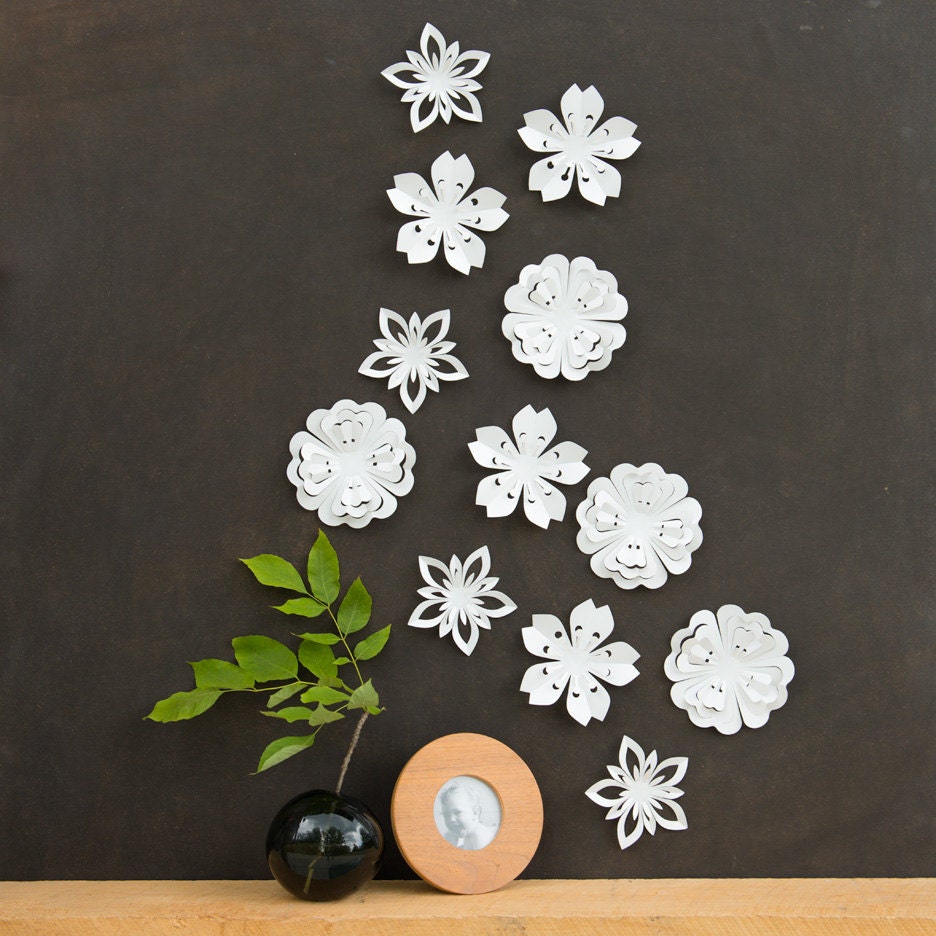 White Flower Wall Decor - White Blossoms, Pop-up Set of 12, wall art