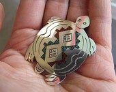 Vintage Inlaid Turquoise and Coral Chip sterling silver Pendant and Brooch