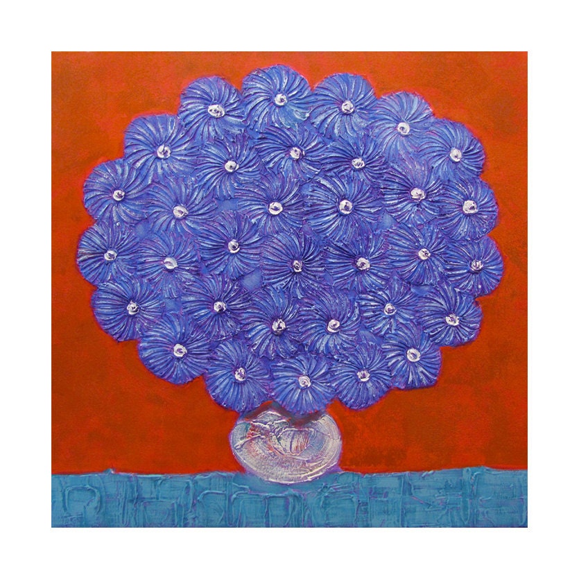 SALE 57% OFF...Textured Blue Flowers in a White Vase...LARGE Knife Painting...Square 30x30...Acrylic Modern Art on Canvas by Kelly