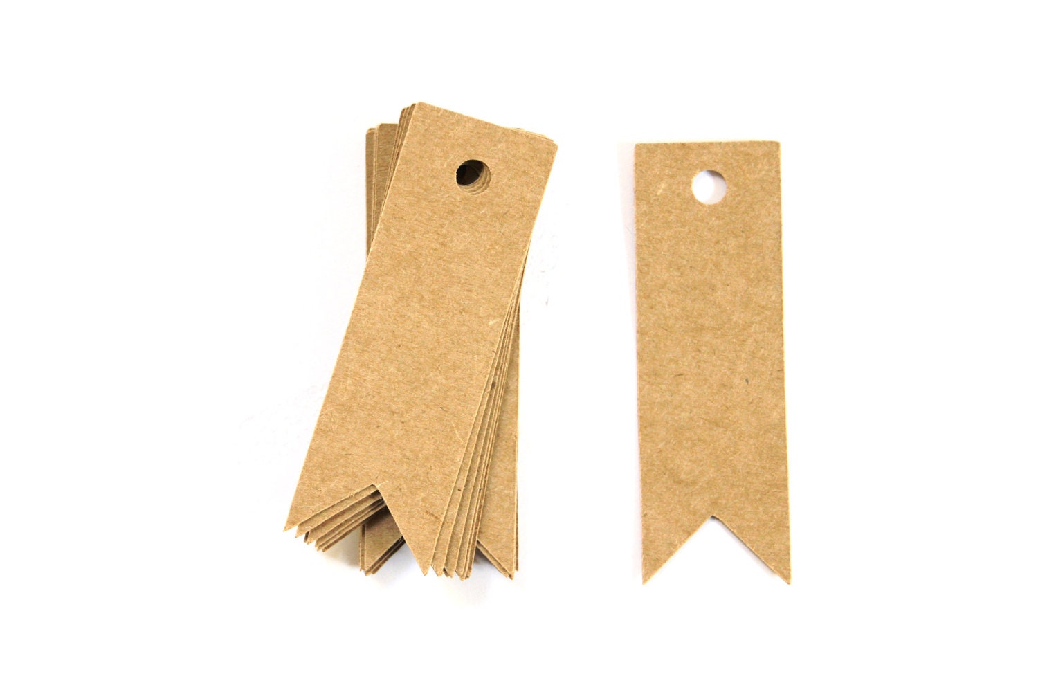 100 Die Cut Pennant Gift Tags / Price Tags (3 x 1 inches) in Brown Kraft Cardstock - Hang Tags, Wedding Favor Tags, etc.