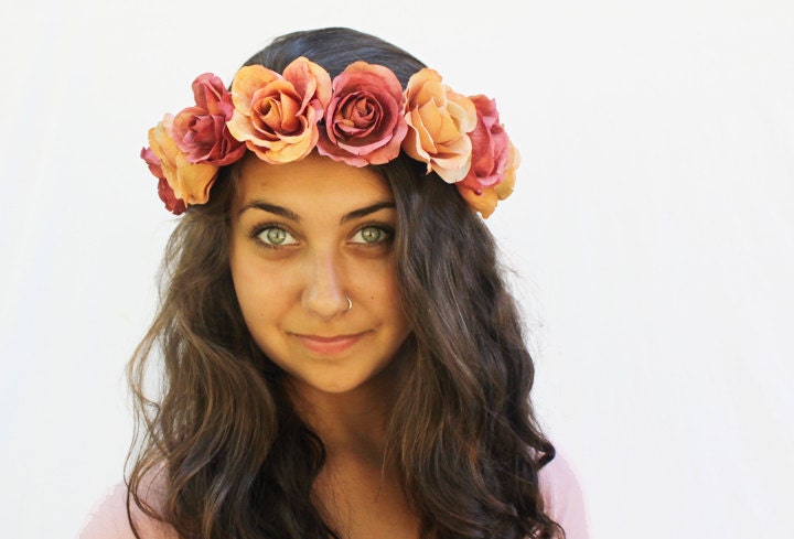 Autumn Rose Crown - Pumpkin Peach and Dusty Rose Flower Crown - Lana Del Ray, Roses, Autumn Wedding, Fall Fashion