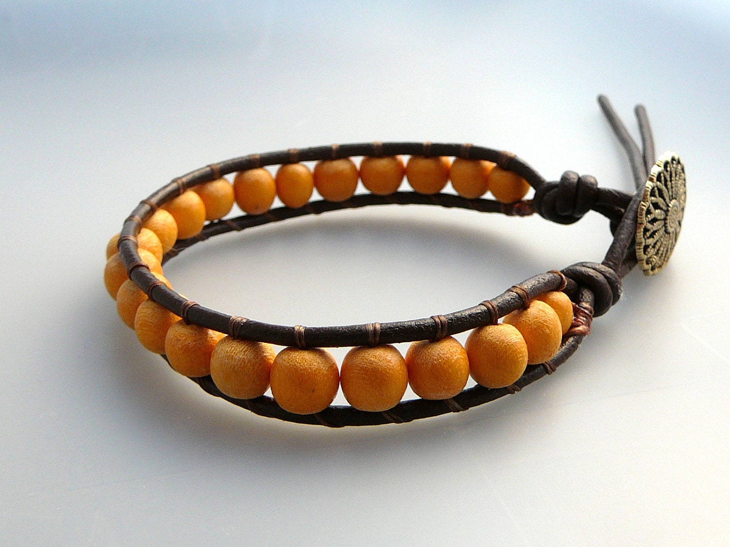 Chocolate brown leather wrap bracelet with orange wood beads - Free shipping to Canada & USA