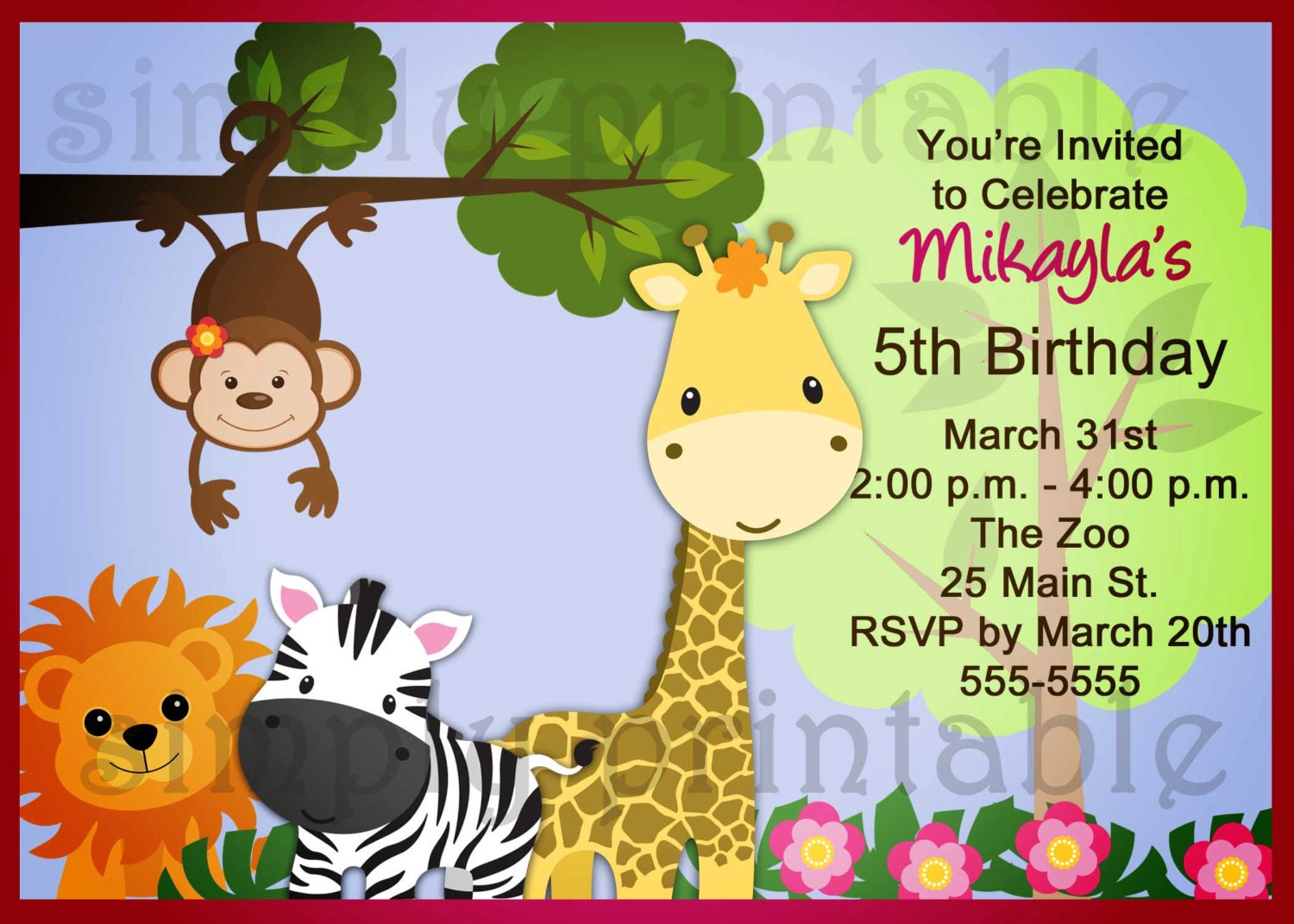 Girls Zoo/Safari Birthday Invitation (Printable Digital file) Il_570xn