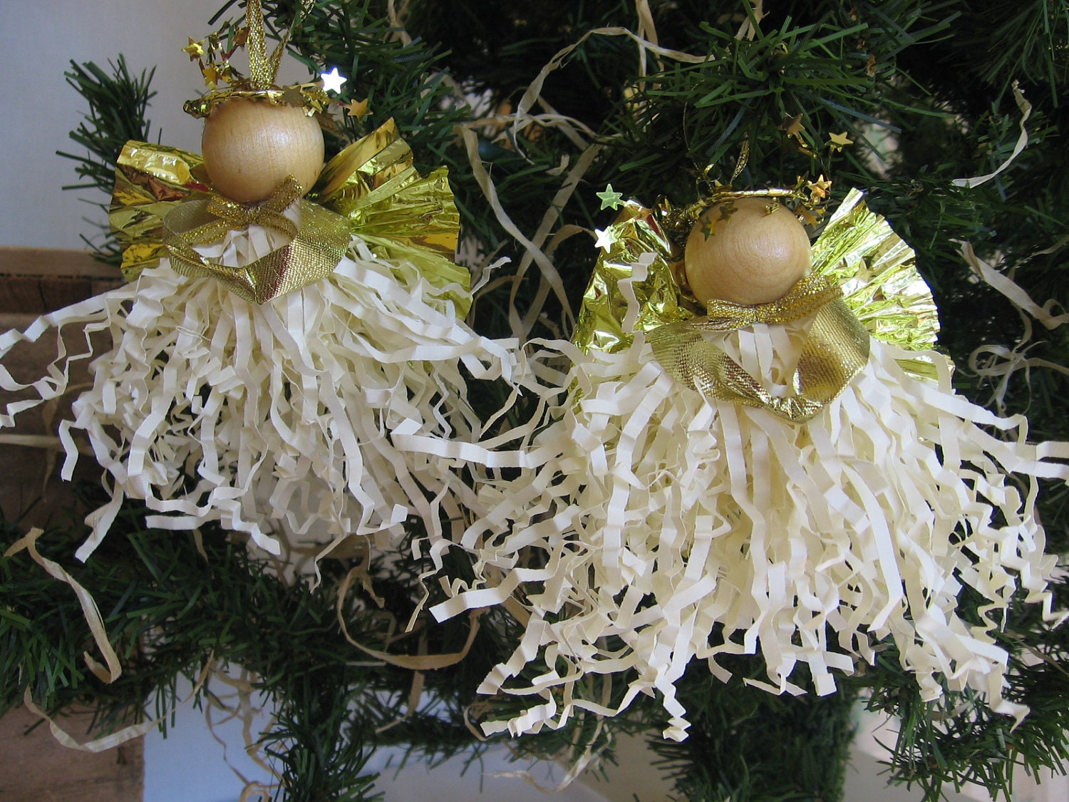 Angel Christmas Ornaments Beige Paper Crimp Angels Set of Two Beige Gold Angel Ornaments