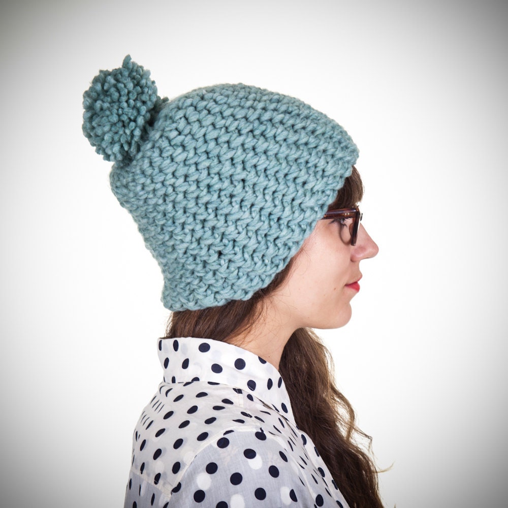 Mint Crocheted Pom Pom Hat