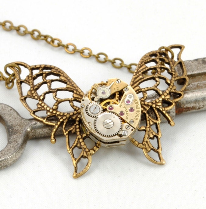 Steampunk Jewelry Necklace Steampunk Vintage Watch Necklace Butterfly Unusual Two-Tone Steampunk Jewelry By Victorian Curiosities