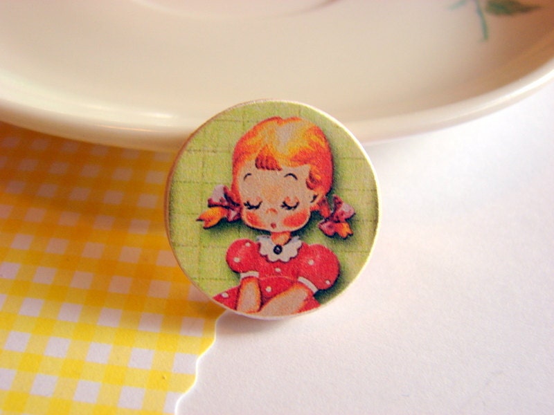 Shy Little Girl with Braids in Her Hair Pin- Small Paper and Wood Decoupage Brooch - Collage Vintage Retro Storybook Child