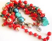 Reclaimed Charm Vintage Bracelet with Teal, Red, and Gold Beads with Various Charms, 7.5 Inches, Found Vintage Beads