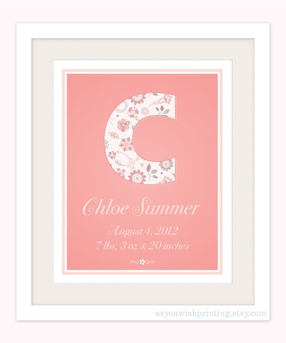 Custom Monogram Retro Floral 11x14 Birth Poster - Coral Nursery Wall Art for Baby Girl