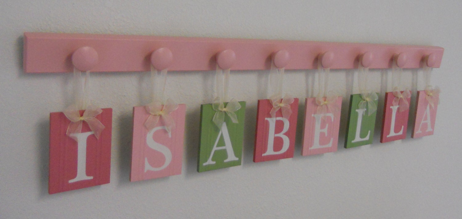 Baby Girl Nursery Decor Name Wall Hanging Letters Custom for ISABELLA - 8 Wood Hooks Pink and Green Nursery