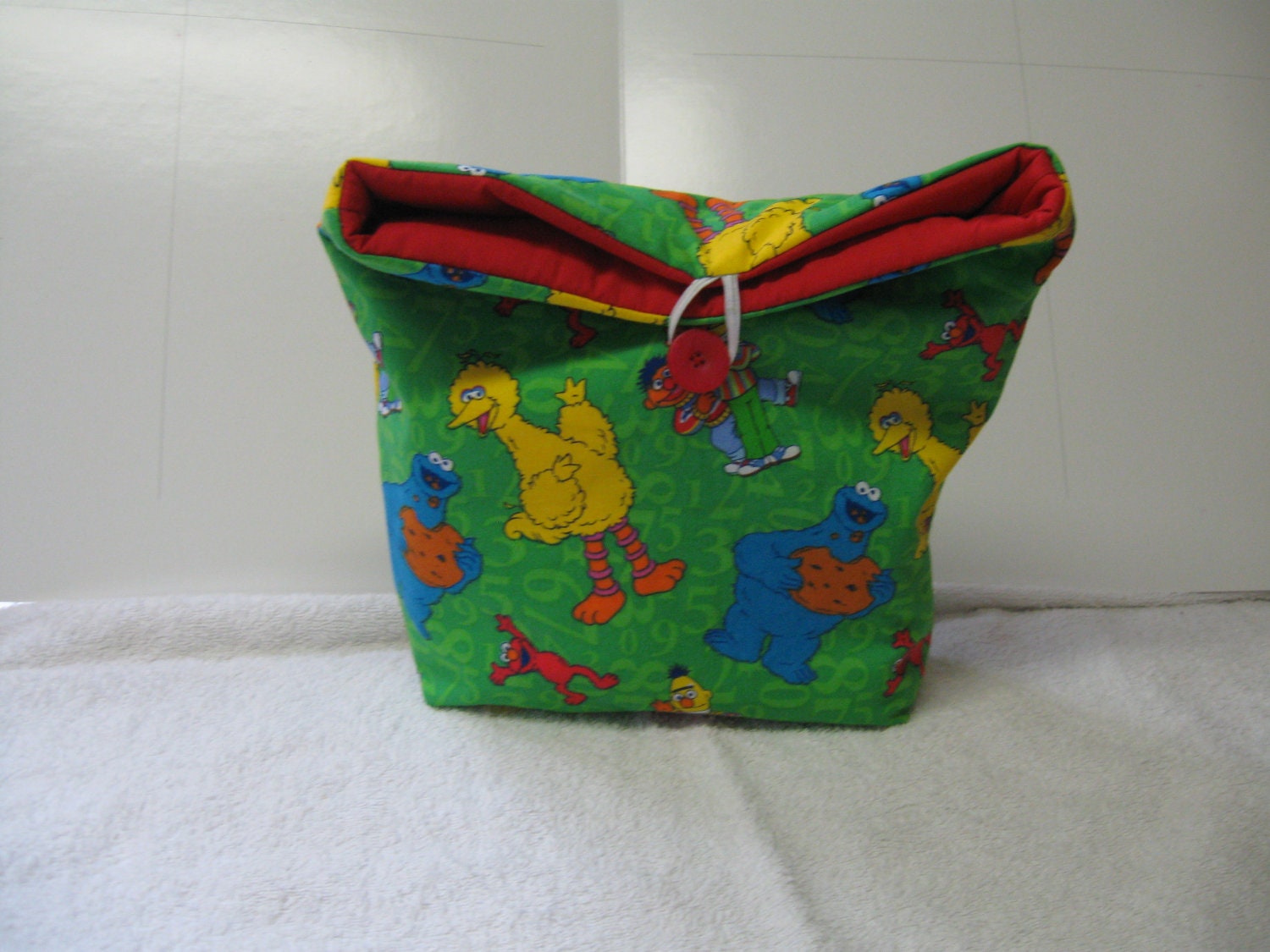 Go Green Insulated Sesame Street Print Lunchbag with Red inside All Cotton Reusable lunchbag or lunch sack