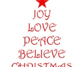 Christmas Tree shape with Christmas words Joy Love Peace Believe Christmas