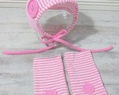 Baby girl pink and white photo prop hat and legwarmers set, newborn photography props