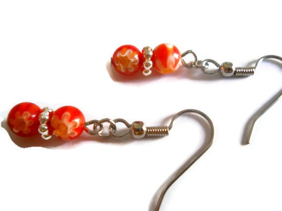 Red Earrings, Orange and White Millefiore Glass Earrings, Silver Red Modern Earrings, Beach Earrings, Casual Beaded Jewelry