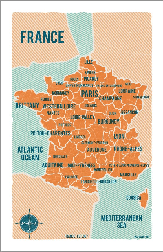 Personalized Map of France in Orange- Vintage style print 11x17