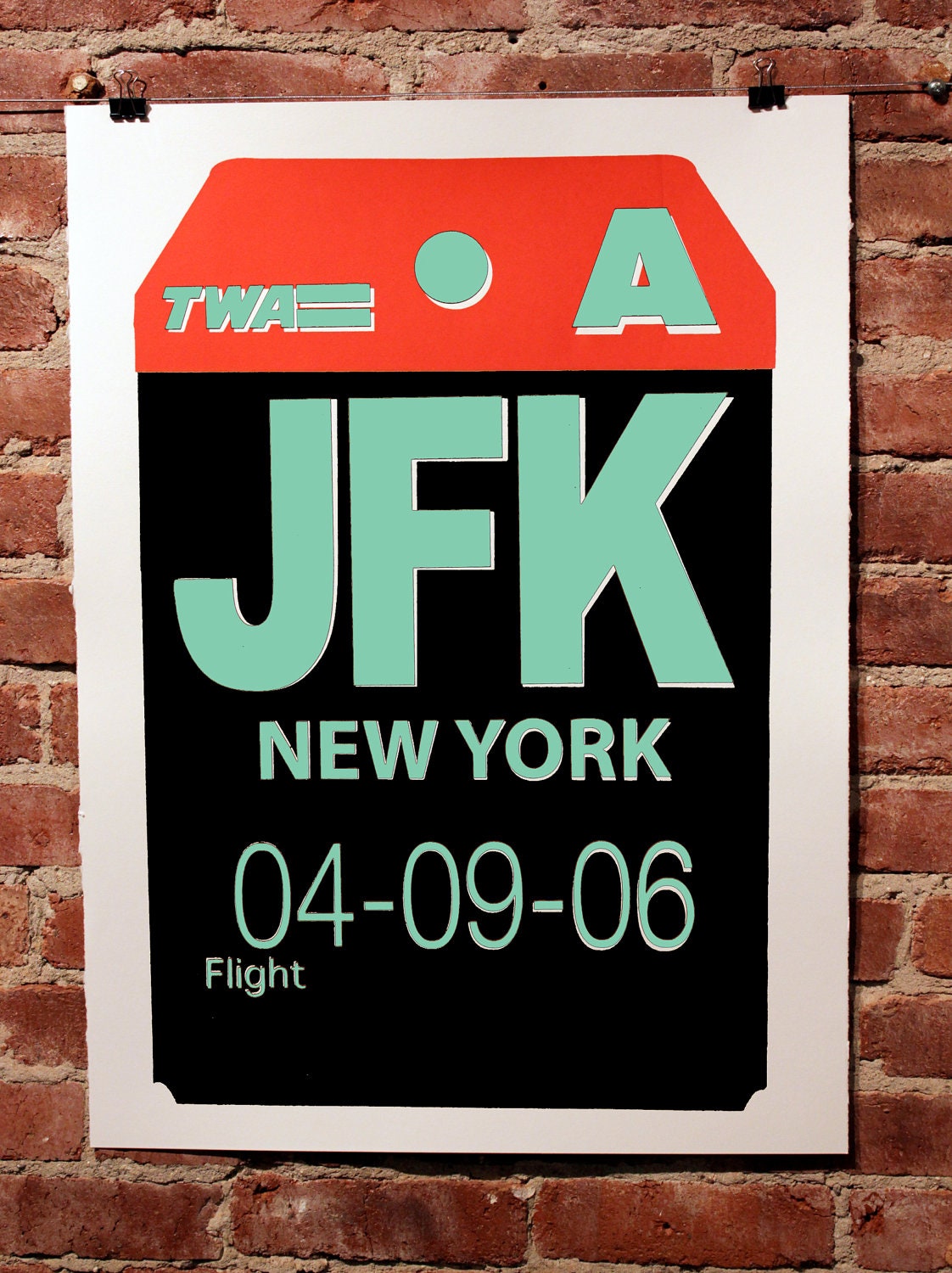 Luggage Tag JFK Print Seafoam and Red