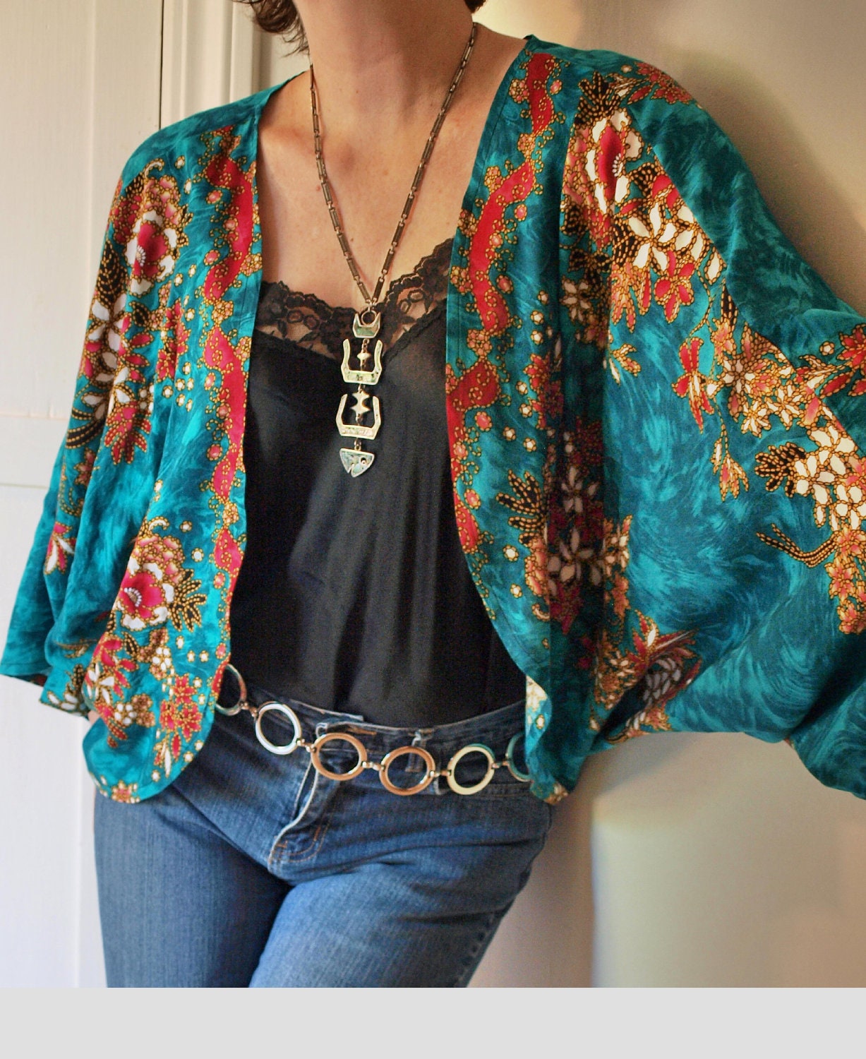 Upcycled Vintage Fabric Batwing Hippie Bohemian Draped Teal Green Floral Shrug Top sz SML