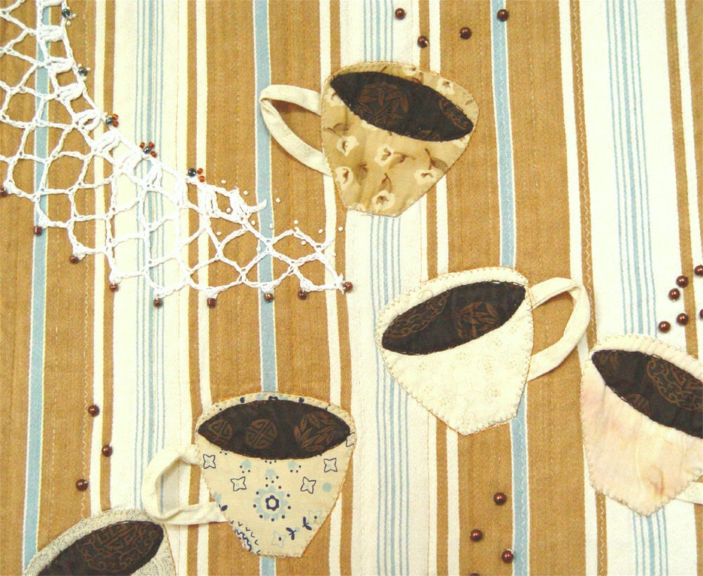 COFFEE quilt, Art Quilt, Appliqued Beaded, Vintage look, Home Decor, Wall Hanging, caramel cream