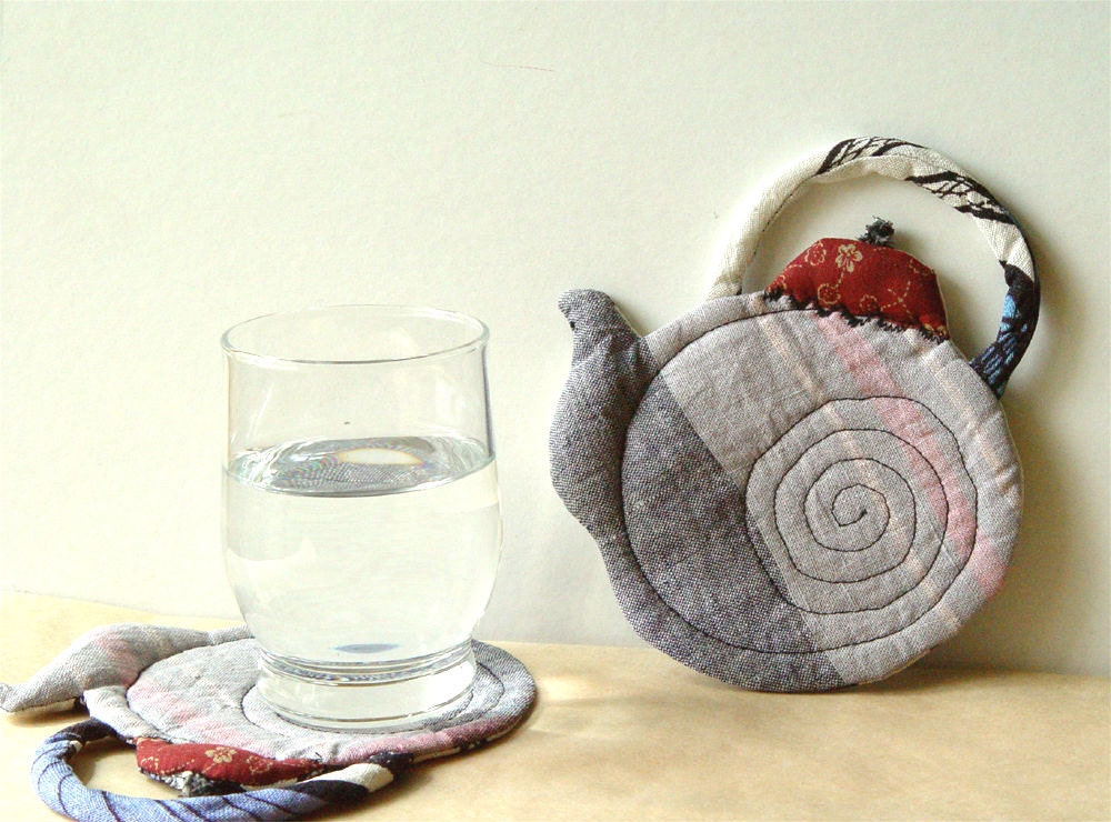 QUILTED Teapots, Purple Grey COASTERS, Home Decoration