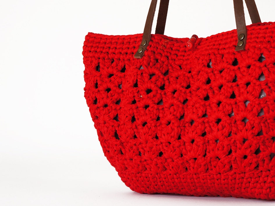 red summer bag- Handbag Celebrity Style With Genuine Leather Straps / Handles shoulder bag-crochet bag-hand made