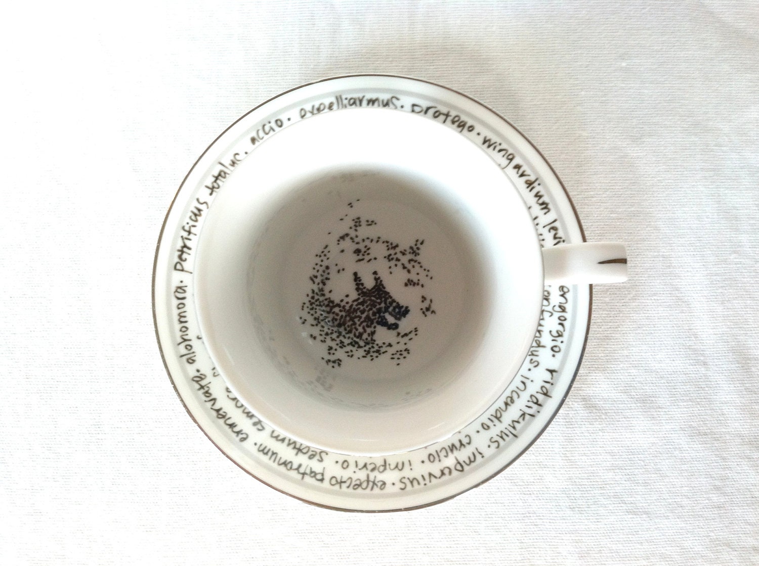 The Grim Teacup - "You need your Inner Eye Tested" Ron Weasley quote - hand-painted teacup and saucer with tea leaves and spells