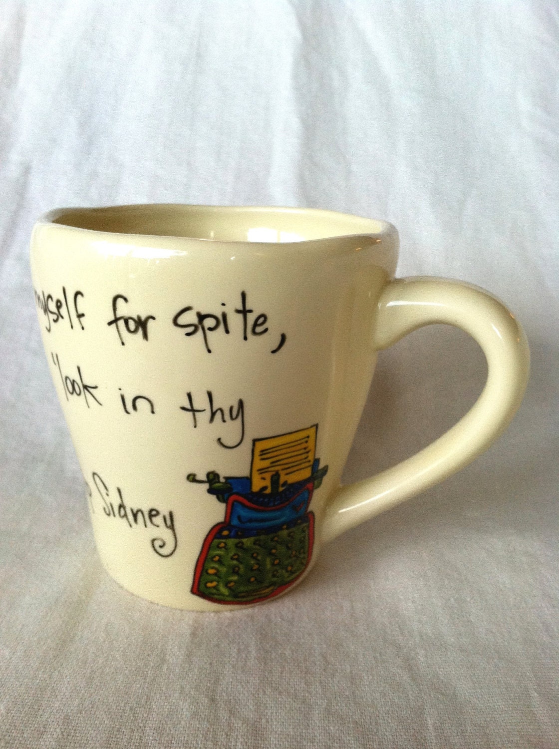 Sir Philip Sidney "Look in thy heart and write" Literary Quote Mug - Large, cream coffee cup with typewriter, quill, and ink