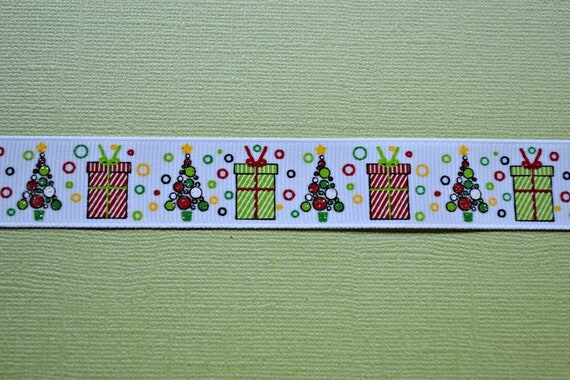 Glitter Christmas trees and presents on white 7/8" grosgrain ribbon Christmas Il_570xn