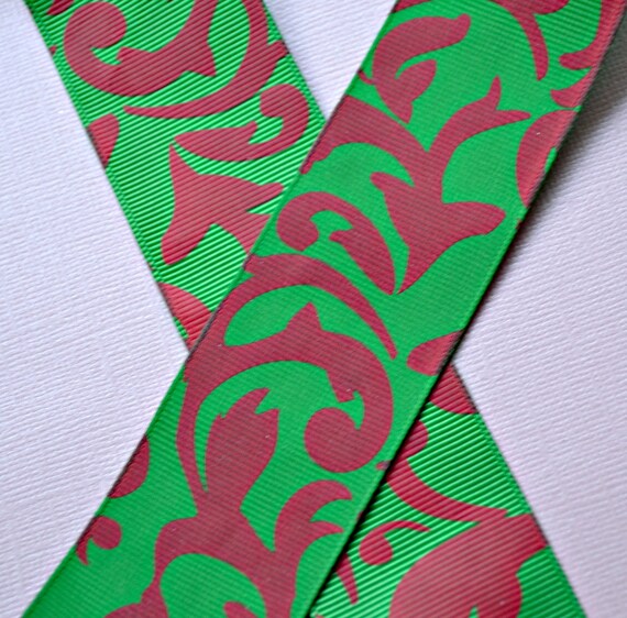 Chic Traditional red & green damask Print 1 1/2" grosgrain ribbon - Christmas Il_570xn