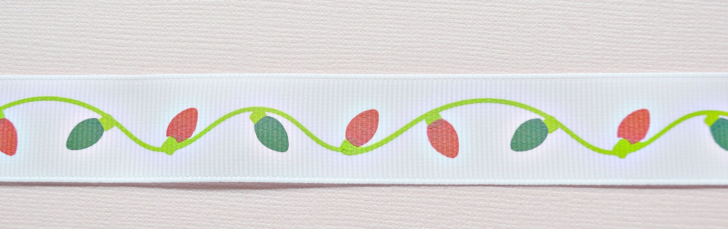 Red and green string of christmas lights on white 7/8" grosgrain ribbon Christmas NEW Il_570xn