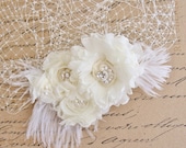 Bridal Birdcage Veil with Wedding Flower Fascinator, Ivory Bridal Headpiece, Bridal Feather Flower with Veil