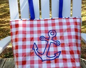 Medium Oilcloth Tote Bag / Beach Bag with Anchor on Red Gingham and Blue Polka Dots - Updated Nautical Theme