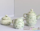 Green Single Serve Ceramic Tea Pot, Cream and Sugar bowl set hand painted and food safe